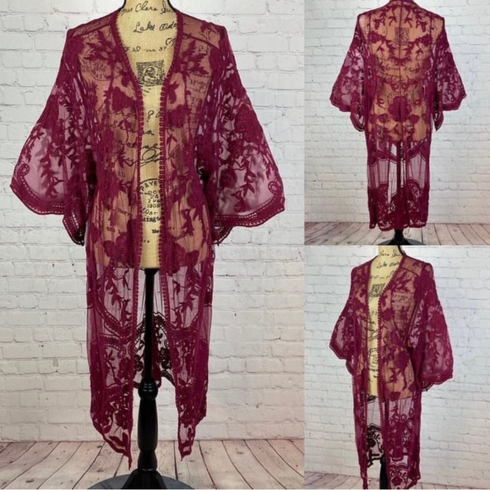 Lily pad Burgandy Lace Bell Sleeve Open Front Kimono